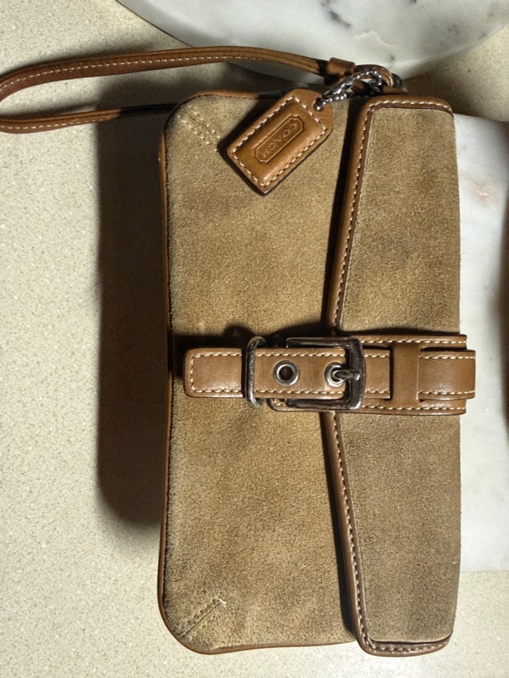 Coach Tan Suede Wristlet with Leather Trim and Buckle